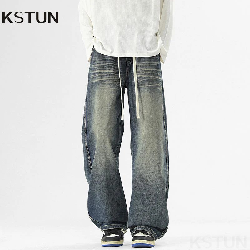 

KSTUN New Loose Jeans For Men Wide Leg Jeans Denim Pants Baggy Drawstring Washed Vintage Trousers Oversize Jeans Boys Young Man