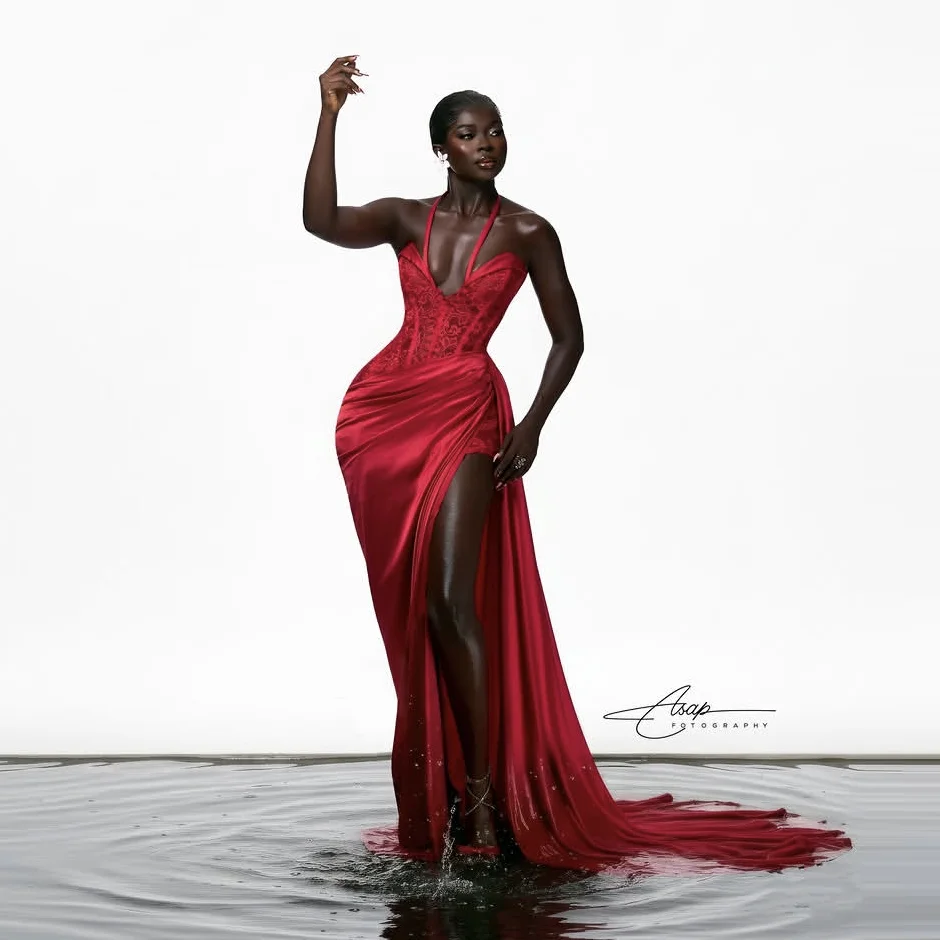 Dark Red  Prom Dresses V Neck Spaghetti Lace Prom Dress High Side Split Evening Dress Sleeveless Occasion Gown with Train