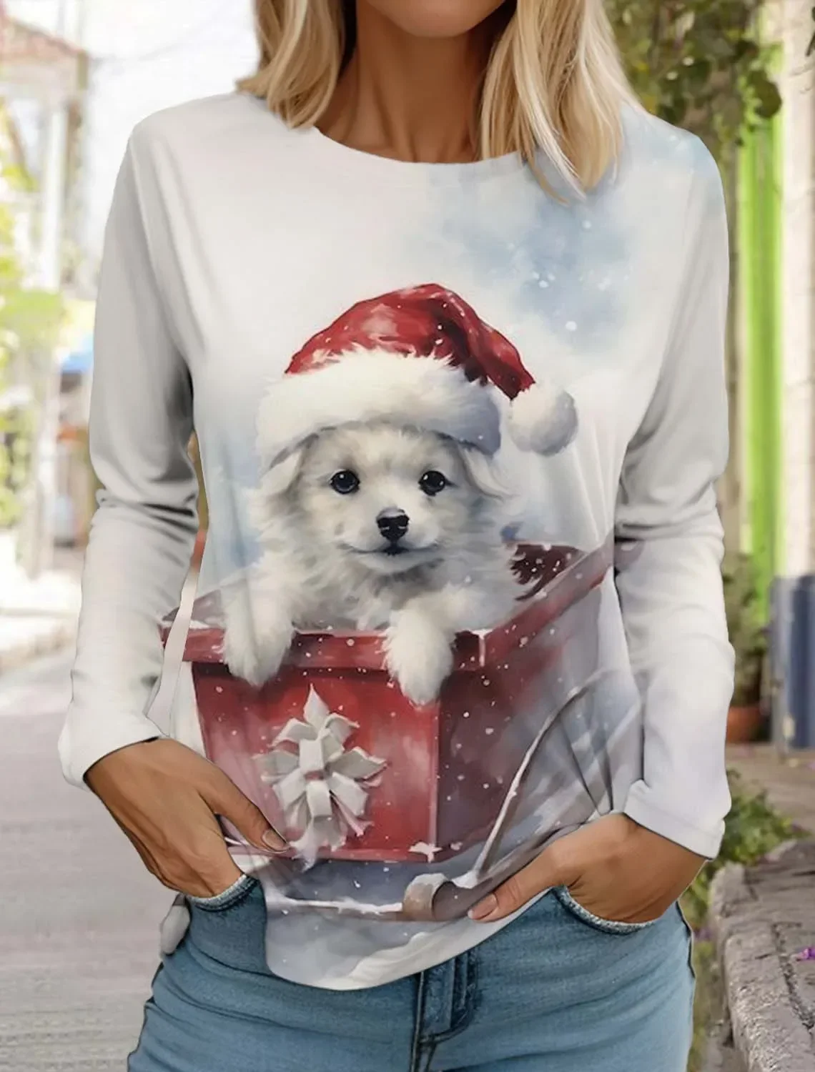 女性用長袖クリスマスTシャツ,原宿アニマルトップス,かわいい猫と犬の服,ホリデーギフト,カジュアルファッション