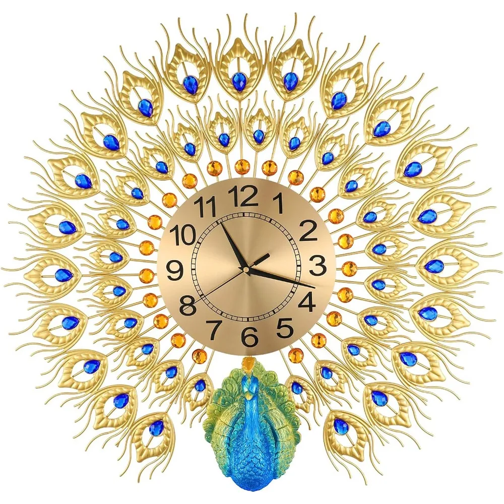 

Large Peacock Wall Clock Non-Ticking Silent Crystal Creative Personality Modern Art Decorative Wall Clocks for Living Room Decor