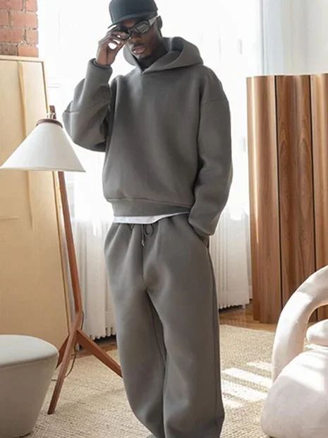 Casual Sportwear Men\'s Two-piece Set Fashion Solid Oversize Loose Hoodie and Drawstring Pocket High Street Straight Pants Suit