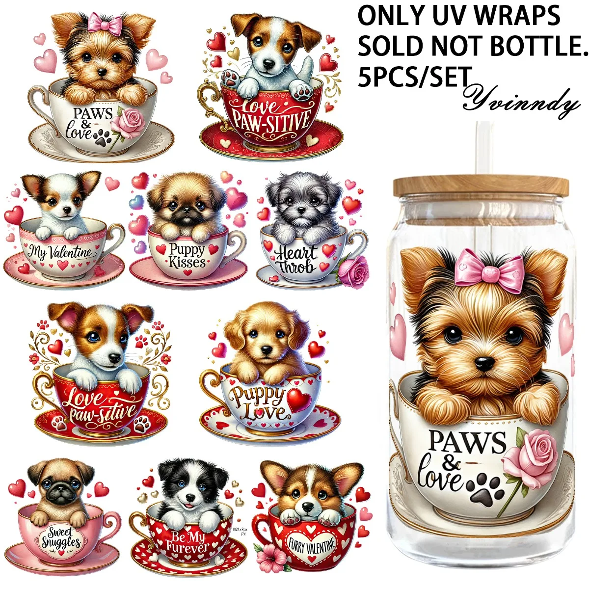 5Pcs/Set Valentines Puppy 16OZ Glass Jar Transfer Paper UV DTF High Self-Adhesive Transfer Paper Suitable For Decorating Cups