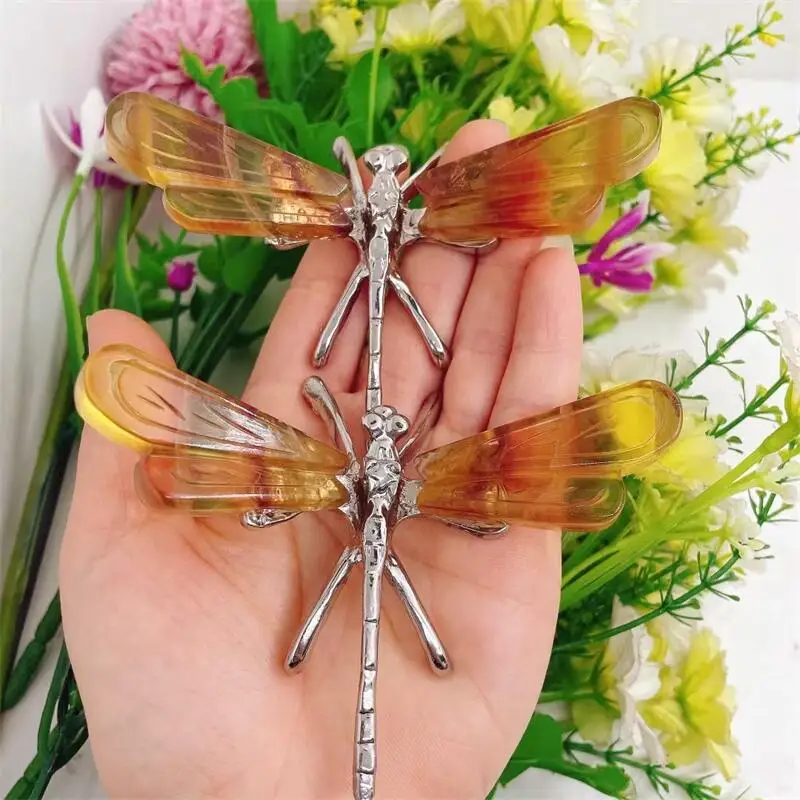 Natural Yellow Fluorite Dragonfly Wings Crystal Carving Healing Stone Christmas Birthday Gift Home Decoration 1PCS