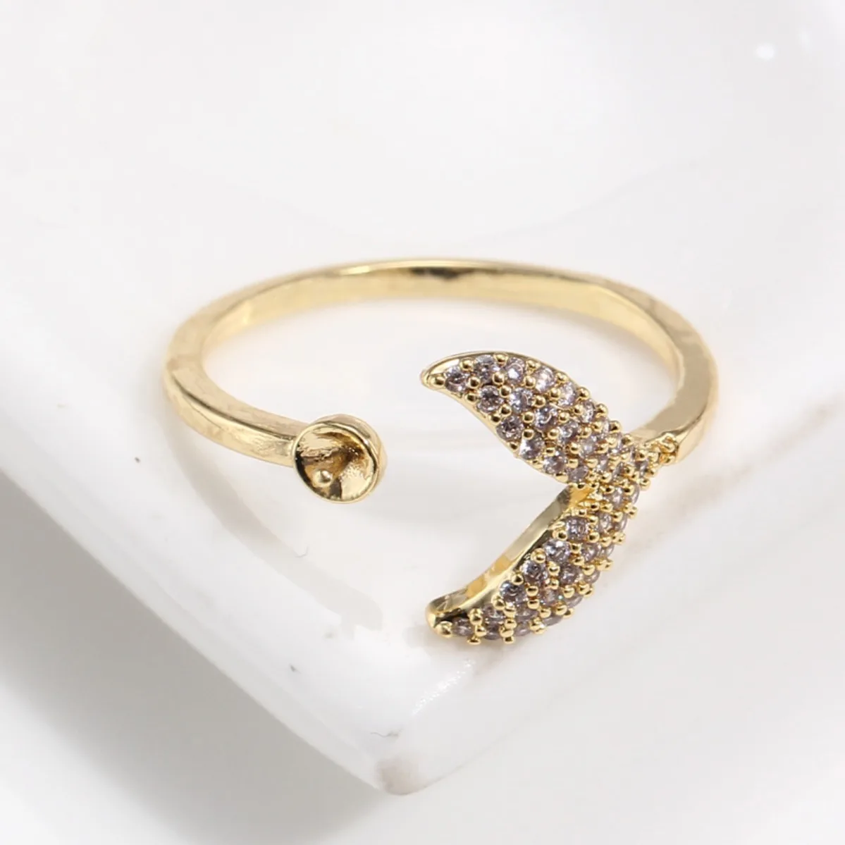 14K Gold Fish‑Tail Micro Pave CZ Adjustable Open Ring Bezel Blank Elegant DIY Findings For Pearl Ring Jewelry Making Accessories