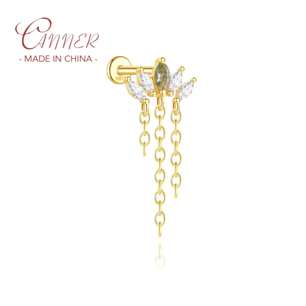 CANNER 1PC S925 Silver Natural Horse Eye-shaped Plant Agate Tassels Noble Beautiful Elegant Non-fading Piercing Jewelry