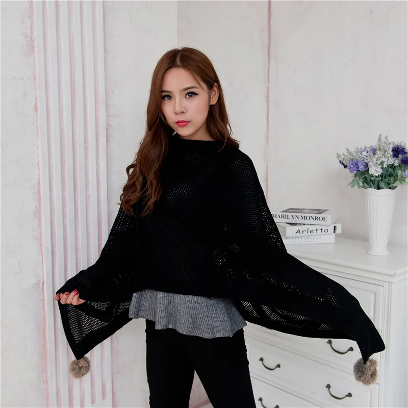 2024 Spring Autumn Shawl Poncho Cape Irregular Sweater Pullover  Outside Wide Pine Wool Ball Jacket Fashion Sunscreen Black