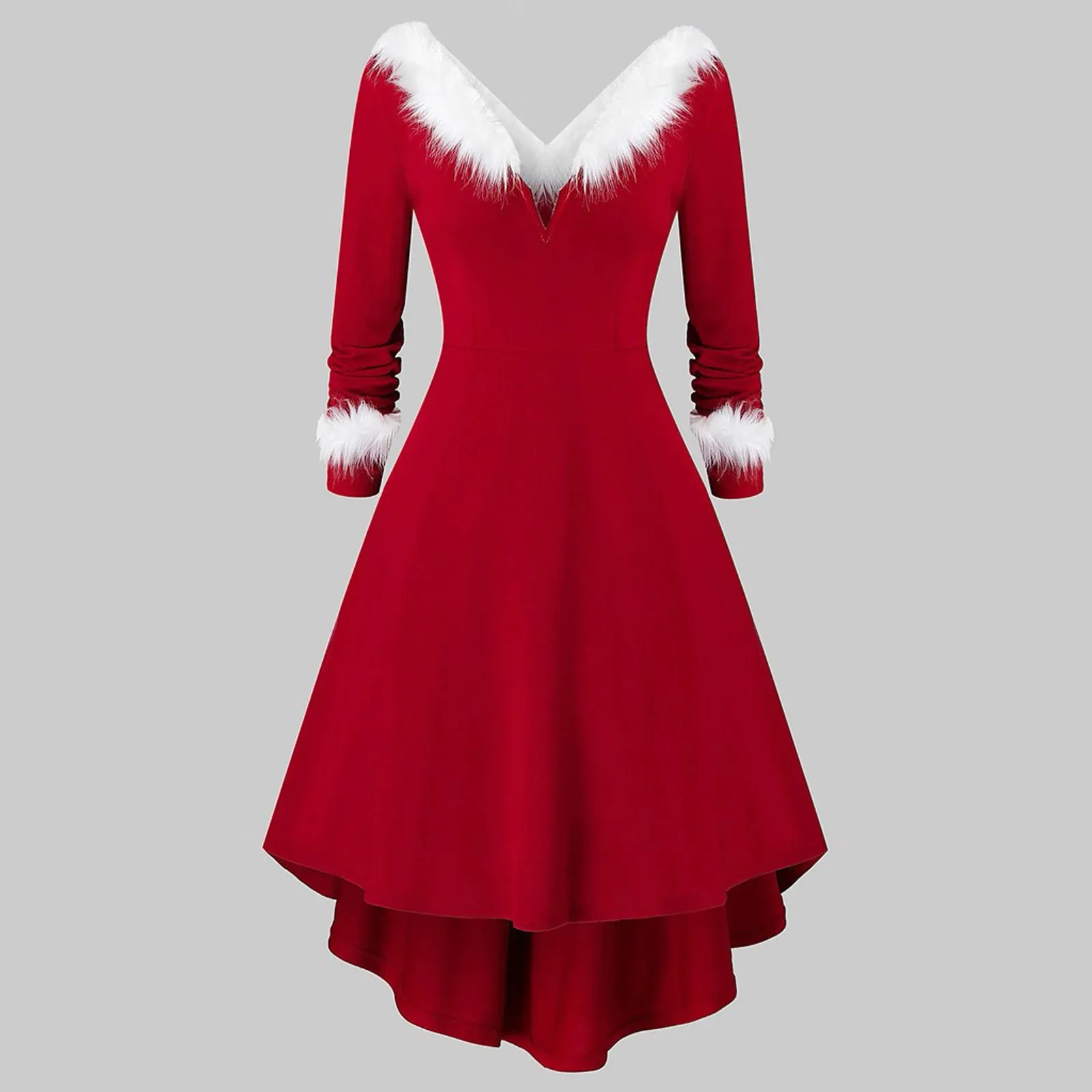 Hot Red Dresses Women's Raw Edge V-Neck Long Sleeve Large Swing Party Dress Cocktail Low Back Curved Hem Winter Christmas Dress