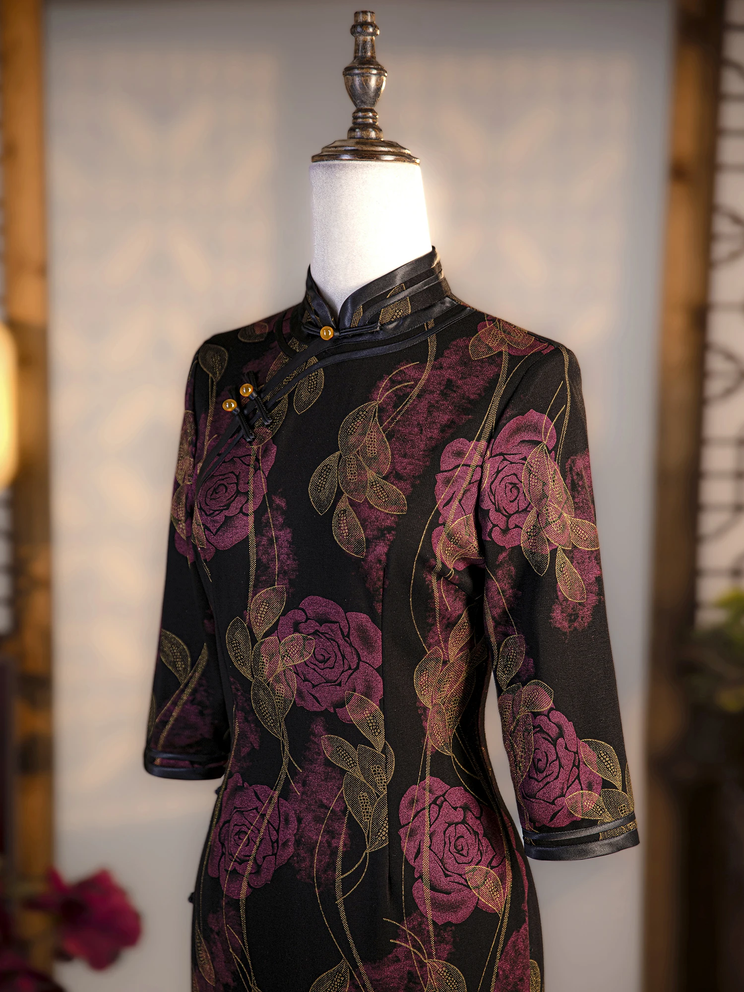 

Вязаное платье-ципао с длинным рукавом, цвет розовое золото, для женщин среднего возраста, в стиле ретро, на каждый день, 95% полиэстер, 5% спандекс.