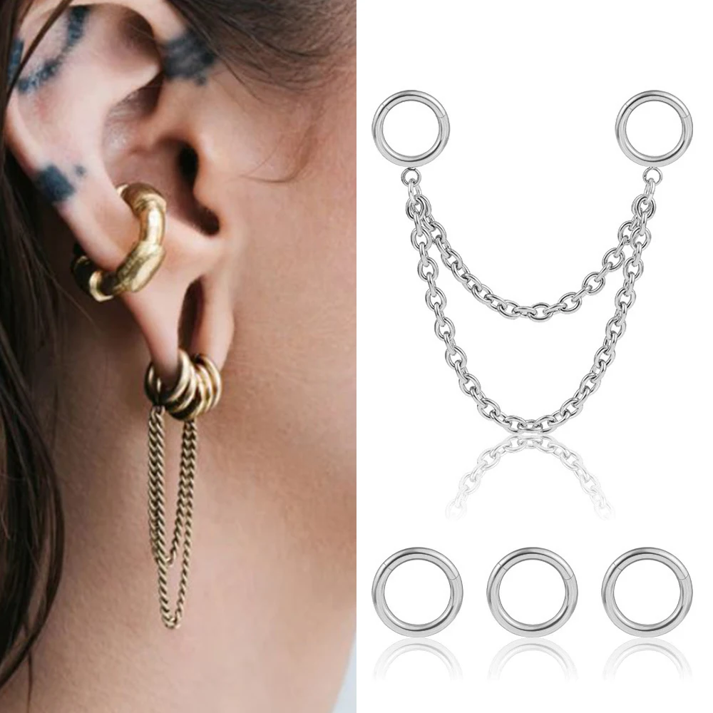 5PCS/lots 316L Stainless Steel Hoop Rings Helix Cartilage Clicker Chain with 3 Rings Piercing Women Body Jewelry Earrings New