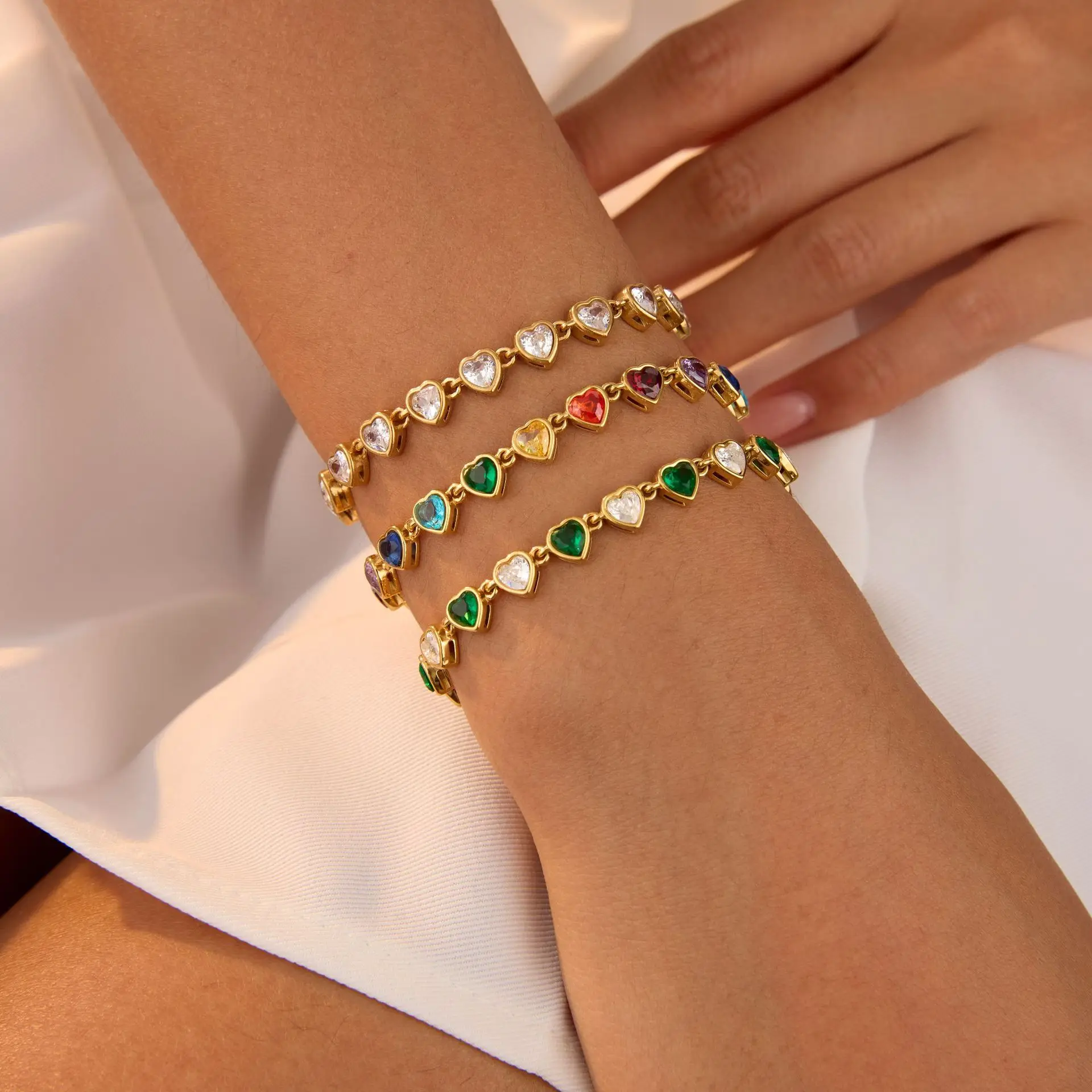 18K Gold Plated Rainbow Heart Bezel Tennis Bracelet,Waterproof Non-Fading Stainless Steel,Colorful CZ Cupid Stacking Bangle