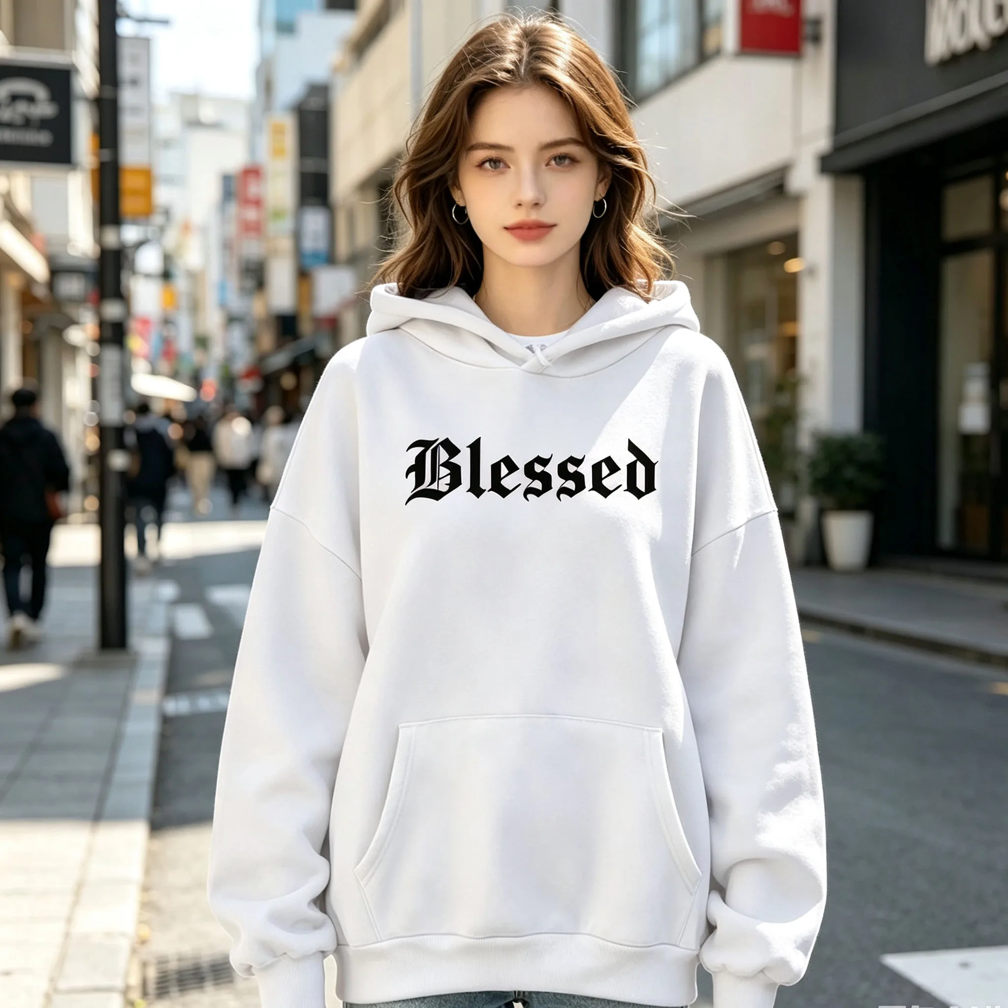 Women Blessed Gothic Letter Hoodie Casual Oversized Long Sleeve Hooded Sweatshirt Vintage Pullover Streetwear Autumn Winter Tops