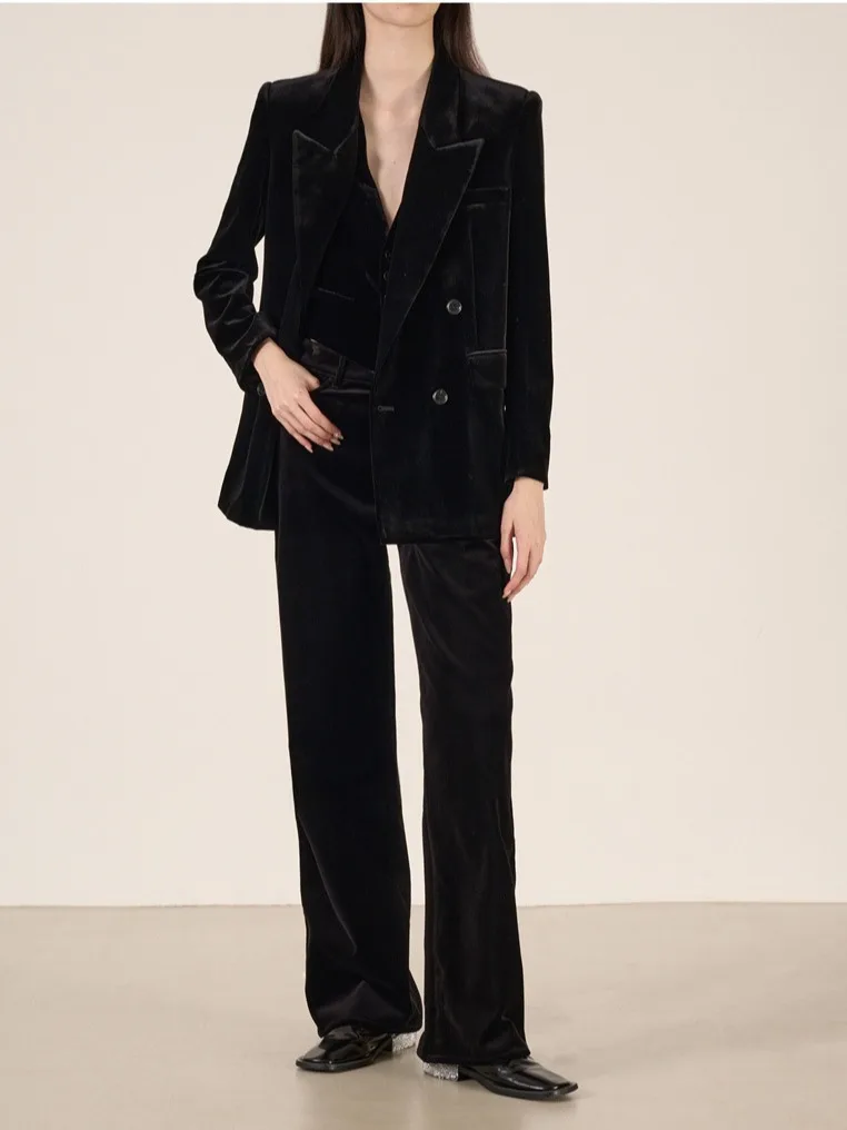 Light Luxury High-Level Black Velvet Double-Breasted Blazer + Waist-Closing Waistcoat + Straight Trousers Set