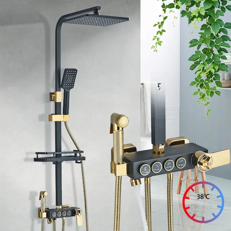 Black Gold Bathroom Faucet Thermostatic Mixer Shower Set with Bidet and Bathtub Spout Tap Wall Mount Rainfall System