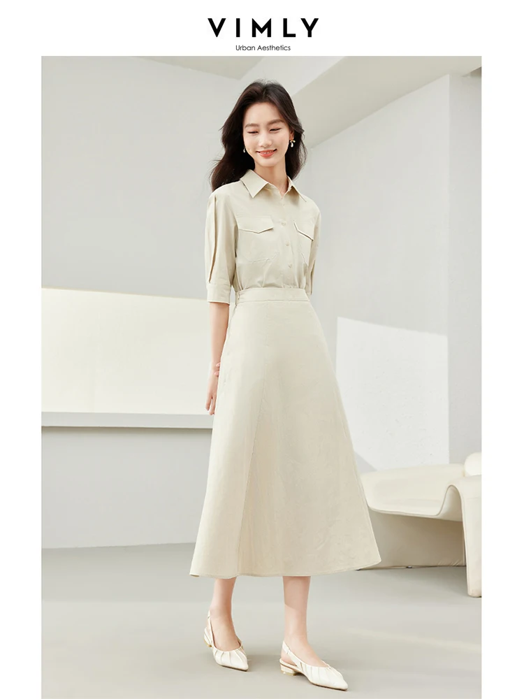 

Vimly Khaki Cotton Fake 2 Piece Polo Collar Dress 2024 Spring New Elastic Waist Short Sleeve A-line Midi Dresses Clothing M6755