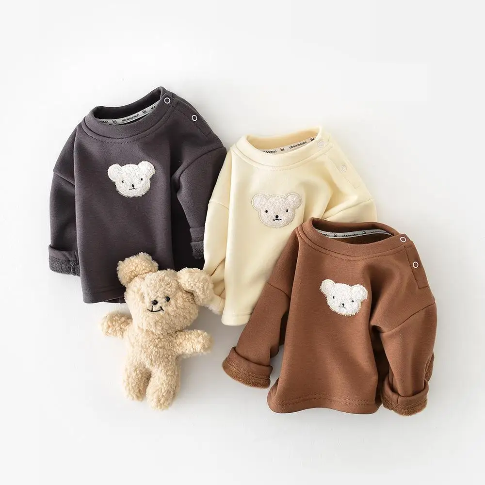 

2025 зимняя новая детская флисовая футболка с длинными рукавами для маленьких девочек, рубашки с рисунком медведя, бархатная толстая одежда для маленьких мальчиков