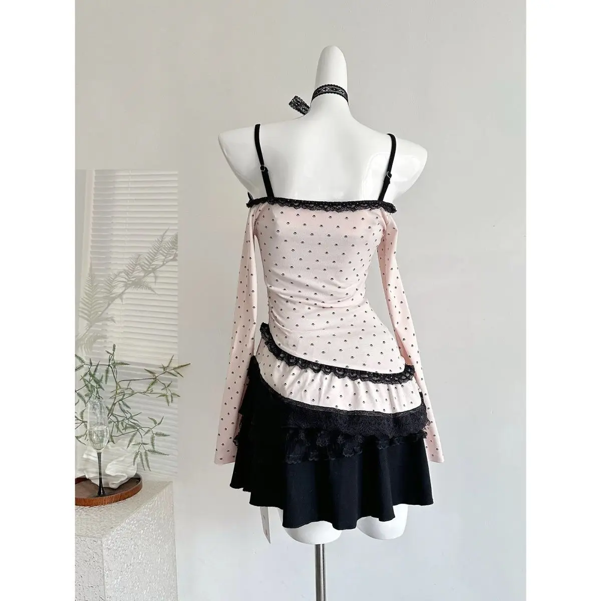 Y2k Polka Dot Long Sleeve Top + Strap Black Dress Two-Piece Set Women Sweet Japanese Vintage Bodycon Lace Bow Spring Summer image 5