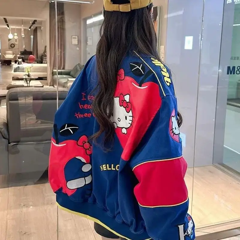 

Hello Kitty coat Y2K Miniso Cartoon Baseball Jacket Button American Retro Coat Embroidery Harajuku Jacket Women Oversized Coat