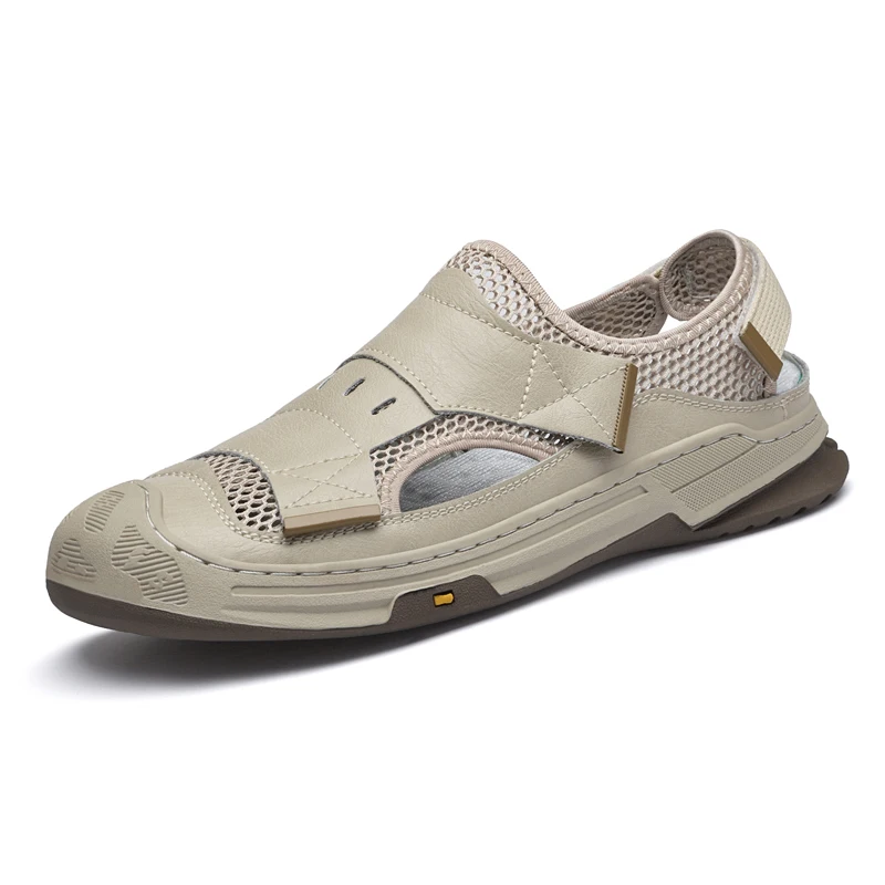 

FUQIAO 2024 New Leather+Mesh Shoes Men's Summer Breathable Sandals Fashion Sandals And Slippers Casual Male Outdoor Beach Shoes