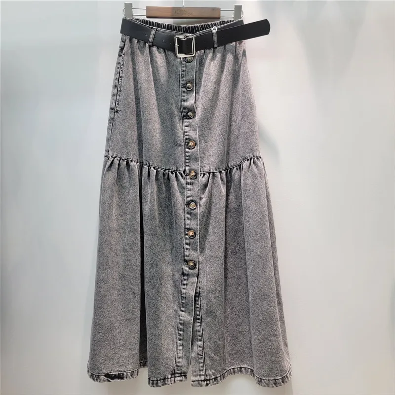 Fashion Lady New Spring Summer Elegant Elastic Waist Ultra Long A-line Skirt Single-breasted All-match Casual Women Denim Skirts