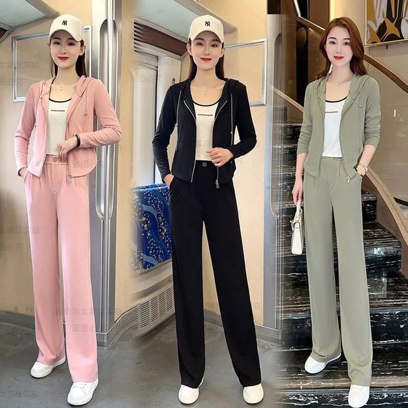 Leisure Sportswear Suit For Women\'s Spring And Autumn New Style Age Reducing Hooded Zippered Jacket Wide Leg Pants Two Piece Set