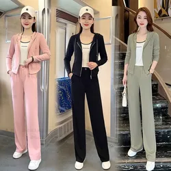 Leisure Sportswear Suit For Women's Spring And Autumn New Style Age Reducing Hooded Zippered Jacket Wide Leg Pants Two Piece Set