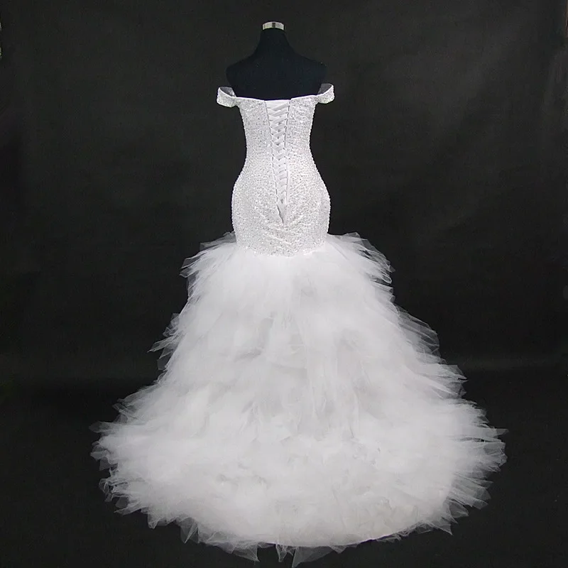 Customized Africa Design Amazing Full Beading Off The Shoulder Mermaid Dress Stunning Ruffles Tiered Wedding Gowns.