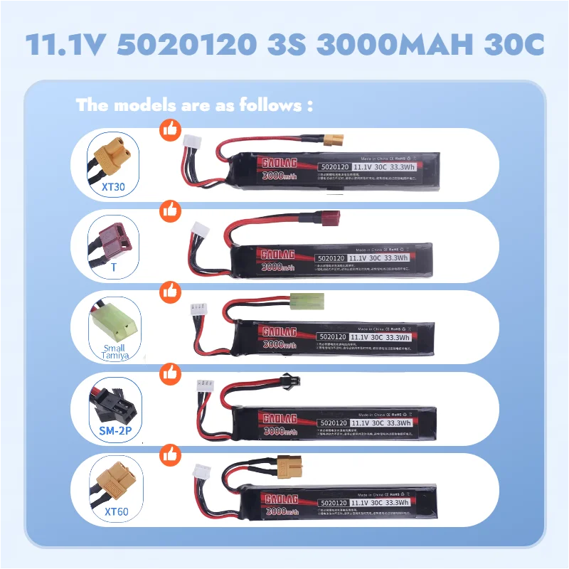 

11.1V 3S 3000mAh LiPo Battery 5020120mm T Plug Small Tamiya Connector for Airsoft Electric Toy Gun Pistol Gel Ball Blaster