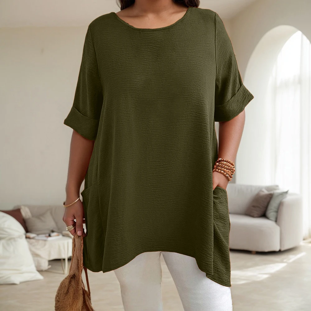 حجم كبير المرأة الصلبة س الرقبة انخفض الكتف كم جيوب تونك القمم الصيف السيدات بلوزة كاجوال تي شيرت تي شيرت حجم 1XL-5XL