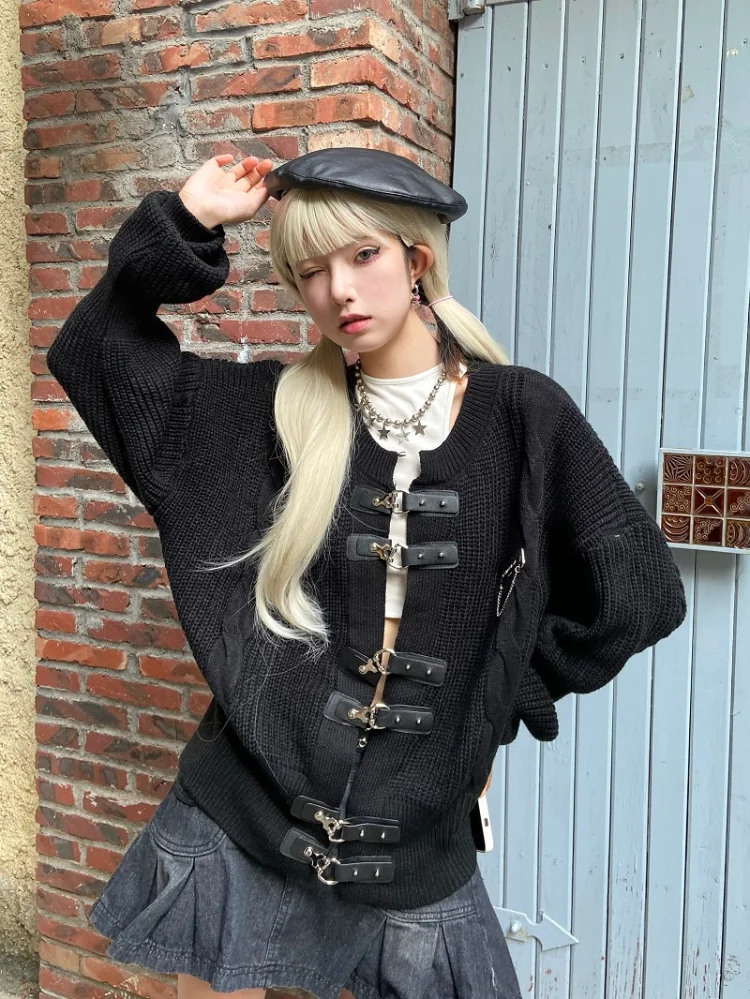 Loose Streetwear Cardigan Women Korean Y2k Aesthetic Solid Knitted Sweater Coat 2024 Belted Button Fashion Black Autumn Knitwear