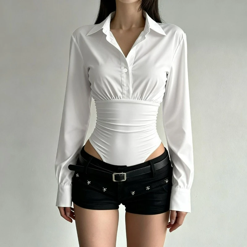 

Pure Desire, простая модная рубашка-поло, комбинезон с длинными рукавами для женщин, осень 2026, новый стиль, утягивающая сексуальная универсальная рубашка