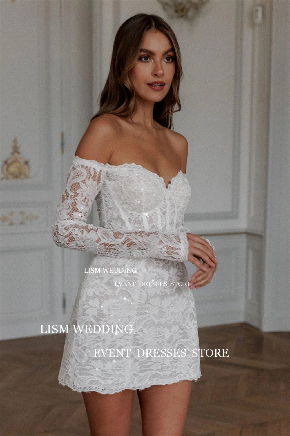 LISM Sweetheart Full Lace Short Mini Wedding Dresses Off Shoulder Long Sleeves Bridal Gown Customised Backless Vestidos De Novia