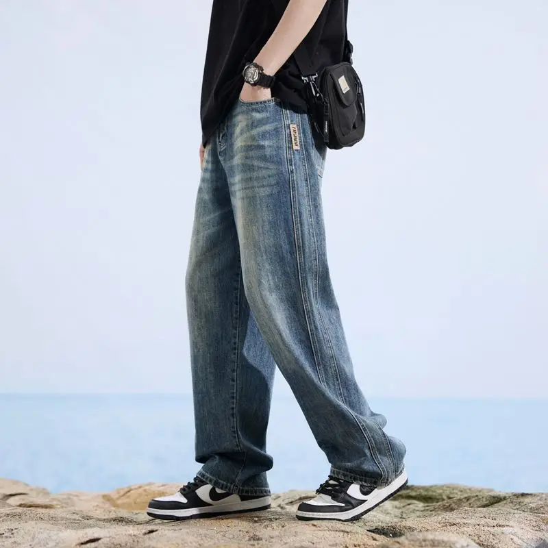 Stretch-Jeans für Herren, Baumwolle, Qualität, weich, locker, weite Hose, elastische Taille, lässige Denim-Hose, Streetwear, Baggy-Jeans für Herren, Sommer