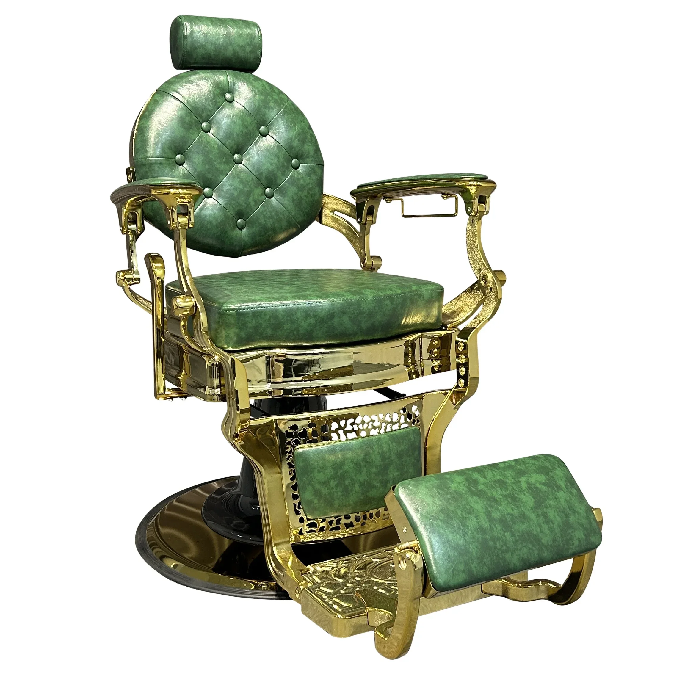 

Green Antiqued Barber Chair with Gold Frame Modern Style Leather and Wood Beauty Furniture for Salon and Barbershop