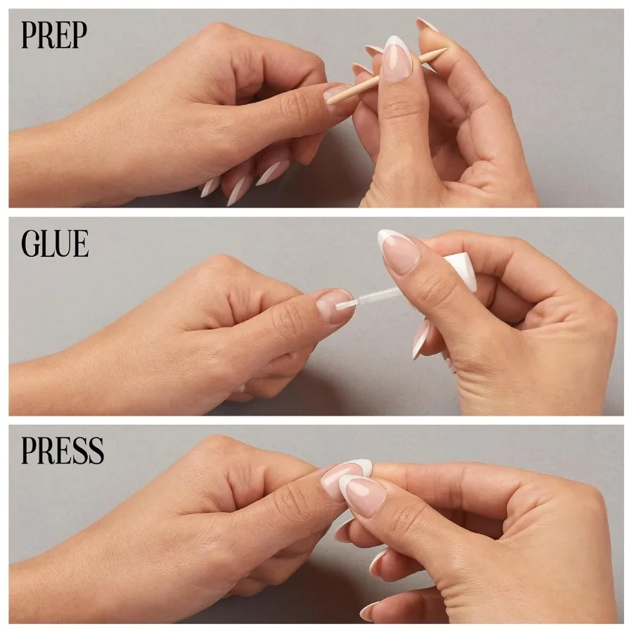 Prensa sobre uñas chapada en cereza con acabado cromado y brillante en forma corta de almendra 30 uñas 15 tamaños Incluye pegamento para uñas BrushOn N