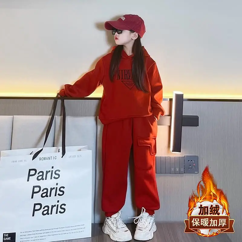 

Бархатный костюм для девочек Новинка Осень-зима 2024 Детская Новогодняя одежда толстовка утепленная повседневная спортивная одежда комплект из двух предметов