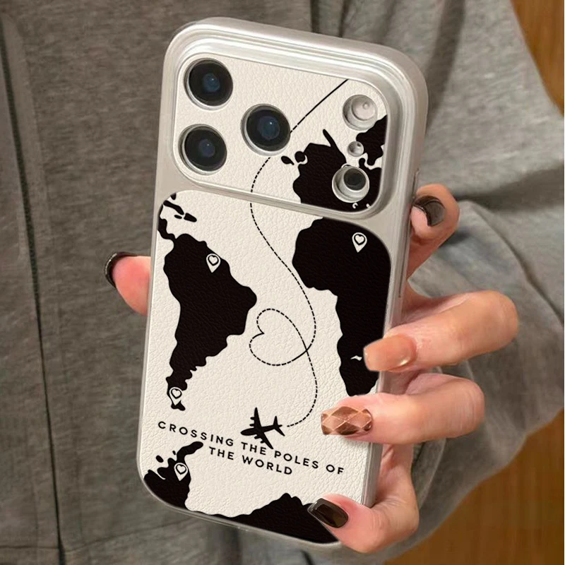 Map Airplane TPU Silicone Silver Minimalist Design Phone Case For iPhone 18 Pro Max 17 Pro 16 Plus 15 14 13 12 11 16e 17e Cover