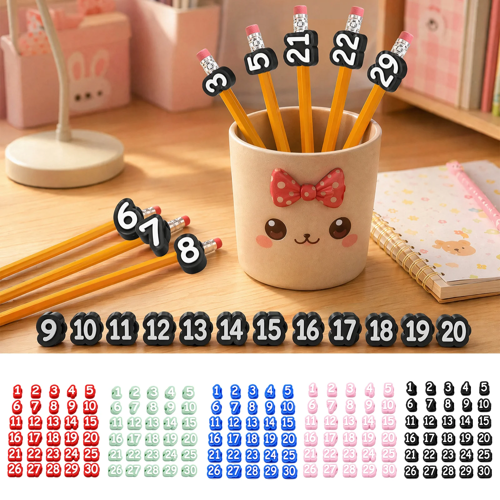 Pencil Caps Numbered 1-20 Colorful Reusable Labels Numbered Pencil Toppers Pencil Tracking Markers For Kids Students Teachers