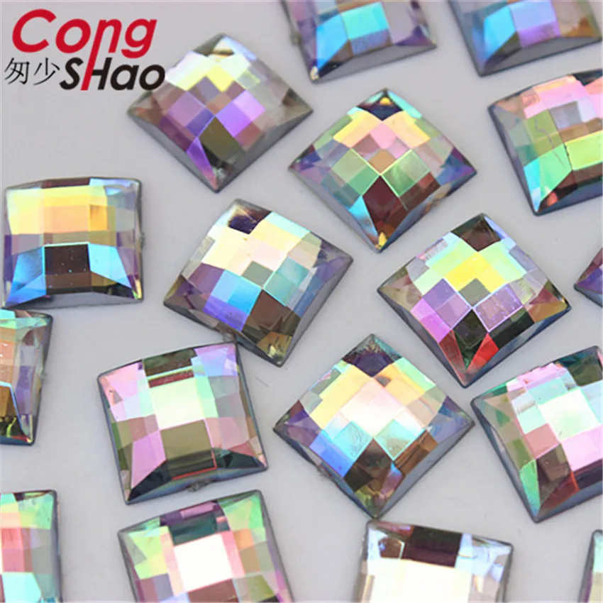 Cong Shao 100pcs 12mm Faceted Square Colorful flatback Acrylic rhinestone trim stones and crystals DIY costume Accessories ZZ609