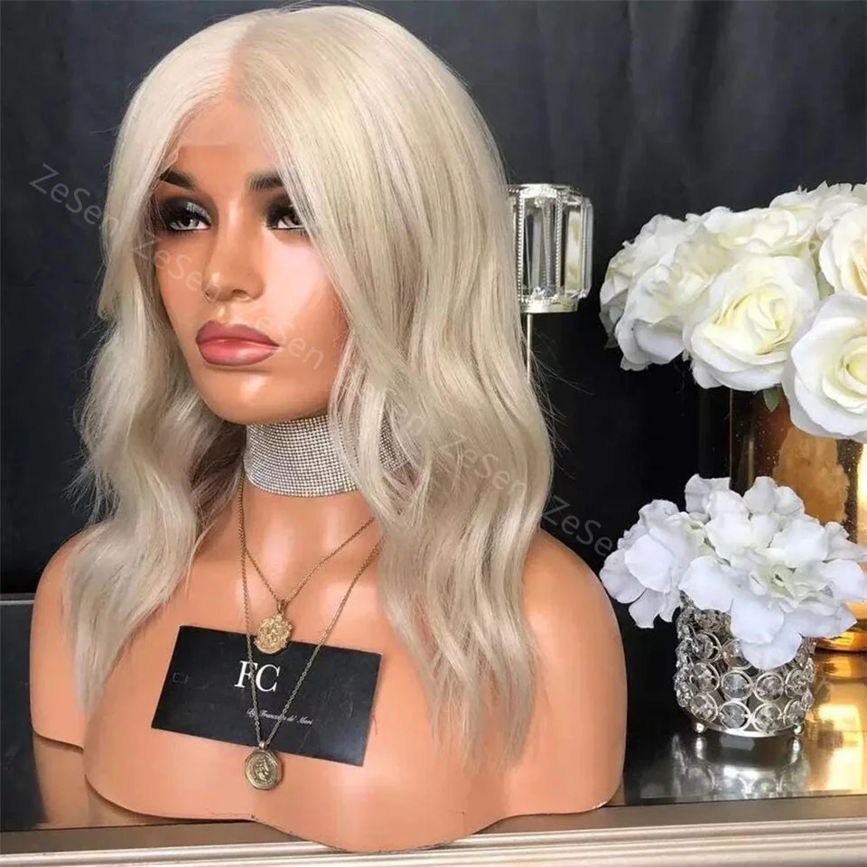 

Platinum Blonde Color Synthetic Lace Front Wig Short Bob Wave For Women Heat Resistant Fiber Hair Glueless Daily Wear Wigs