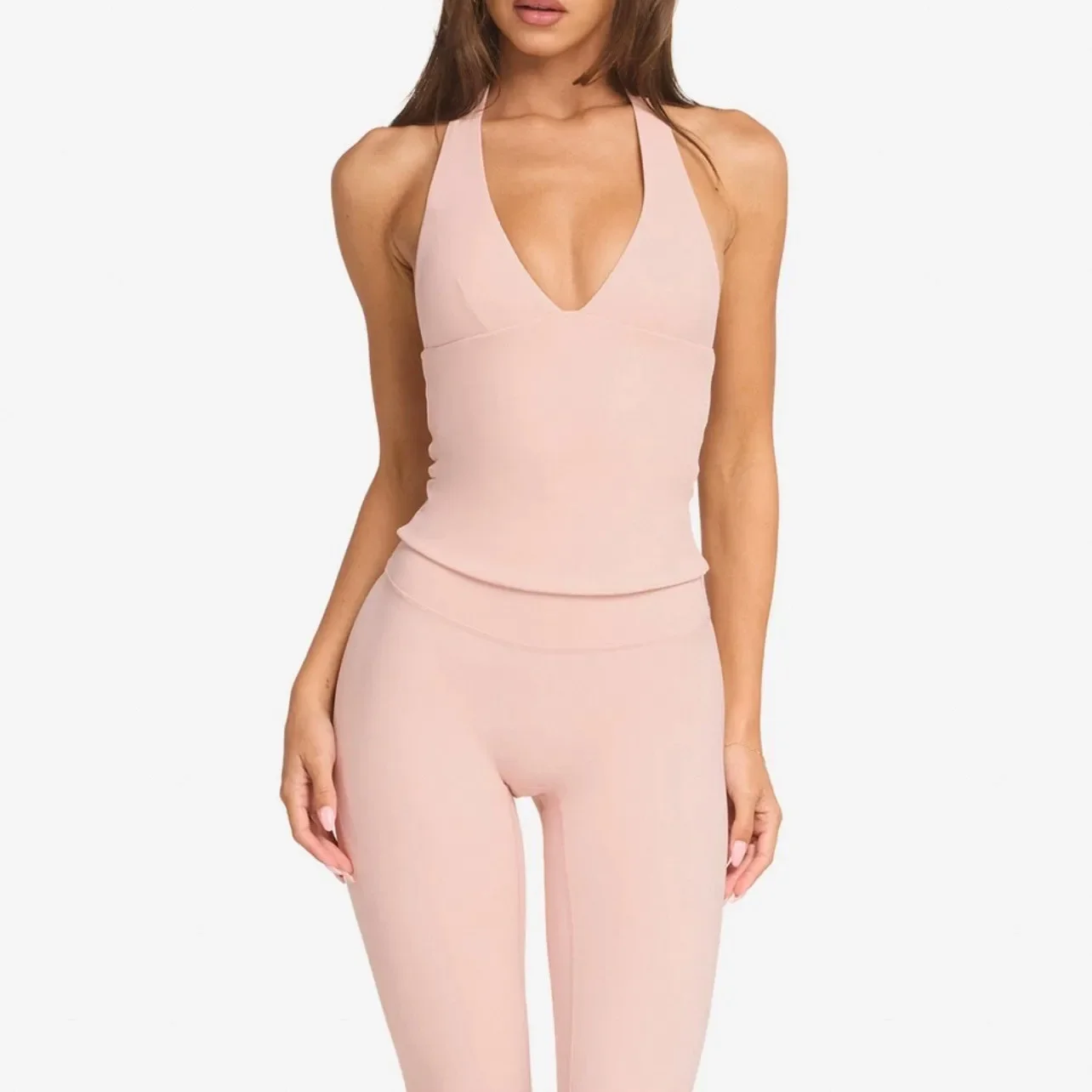 Women's Halter Neck Yoga Vest V-Neck Built-in Bra Naked-Feel Moisture-Wicking Workout Top Gym Fitness Seamless Activewear