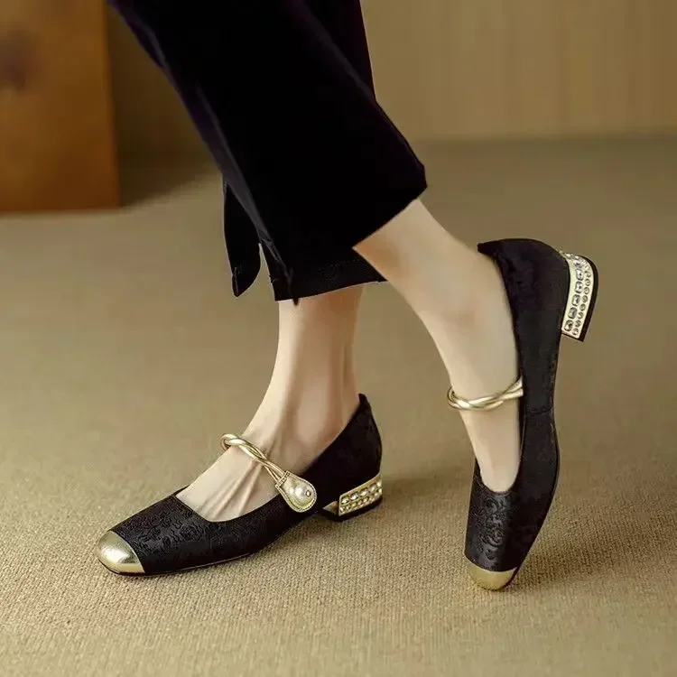 Female 2025 Fashion Square Toe Women's Pumps Spring Shallow Elegant Rhinestone Outdoor Casual Chunky Heeled Office Ladies Shoes