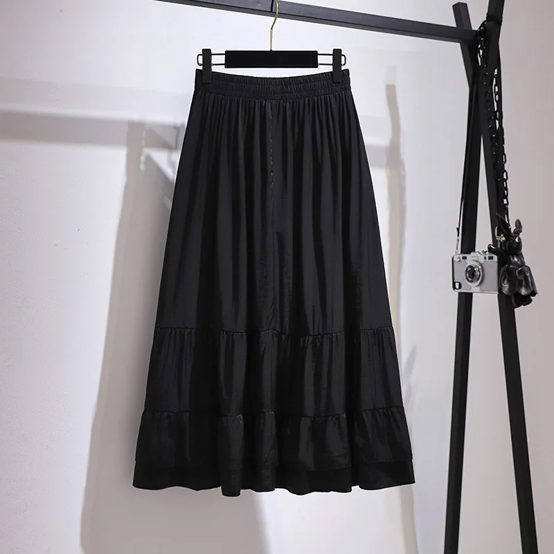 

150Kg Plus Size Women's Summer Loose A-Line Mid-Length Elastic Waist Slim Drape Skirt Black Hip 160cm 5XL 6XL 7XL 8XL 9XL