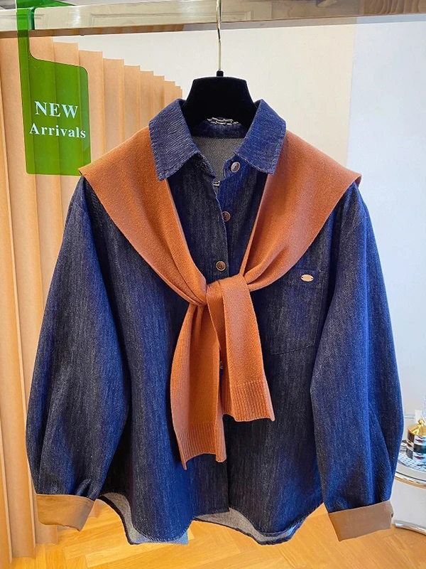 

Модная свободная джинсовая куртка-рубашка больших размеров (до 300 фунтов) для женщин, осенне-зимняя, в корейском стиле, универсальная верхняя одежда