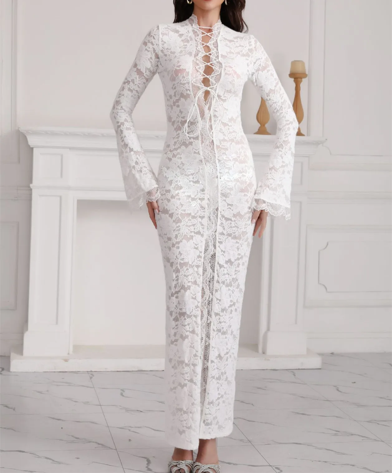 Abito sexy alla caviglia con scollo a V a maniche lunghe di nuova moda con lacci tinta unita slim fit tubino in pizzo trasparente con spacco per le donne