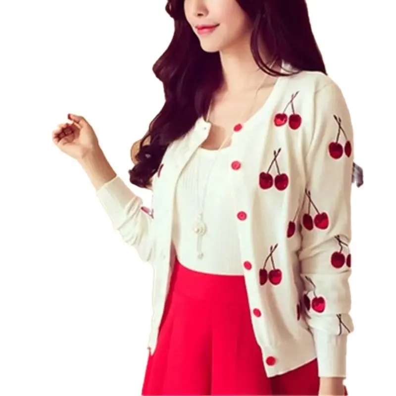 Makuluya Autumn Spring Women Sweater Cherry Embroidery Pattern All-Match Jacket Coats Long Sleeve Short Knitting Cardigans L6