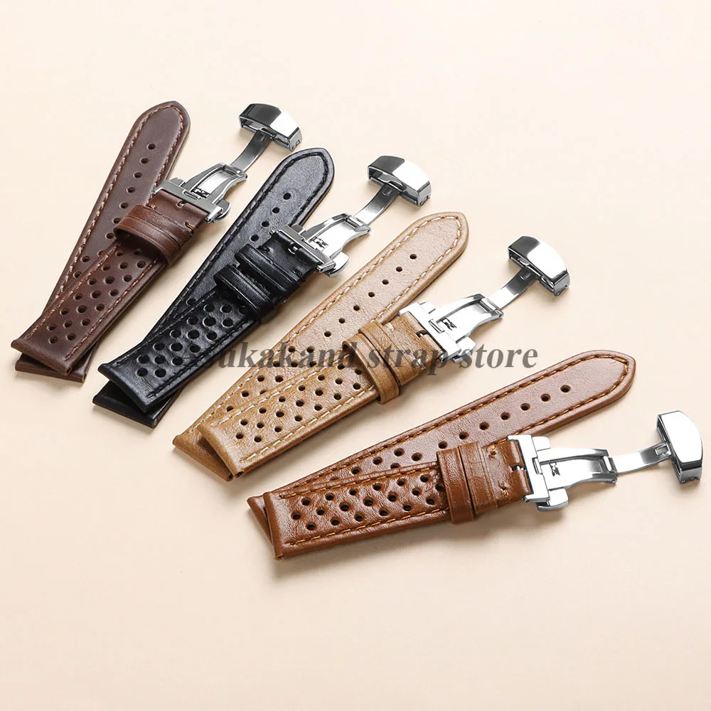 Pulseira vintage pulseira de relógio 18mm 20mm 22mm para samsung watch 7/6/5/4 cinto genuíno pulseira de couro para tag heuer masculino fivela borboleta