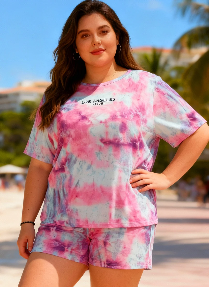 

Plus Size Women's Spring Summer 2-Piece Loungewear Tie Dye Print T-Shirt with Shorts Soft Pajamas Homewear