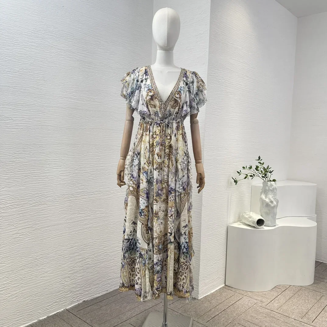 Floral Print Silk Cascading Ruffles Short Sleeve Diamonds 2024 New High Quality Midi Dress for Women