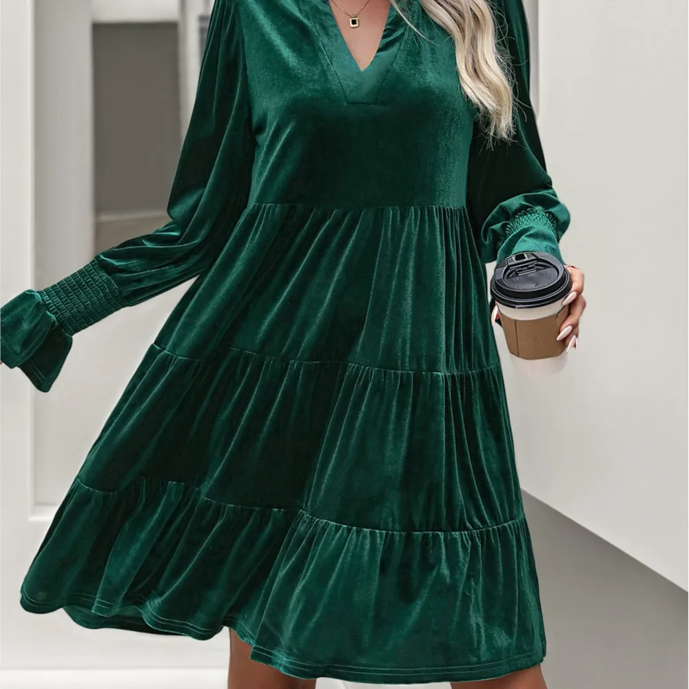 

Dresses 2025 Woman Elegant Long-sleeved Dress Velvet Trendy Solid Color Vestidos Simple Style Temperament Casual Vacation Slim