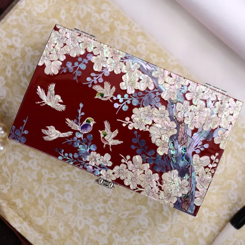 صندوق مجوهرات، ورنيش حلزون، صندوق تخزين مزدوج الطبقات من الخشب الصلب للمجوهرات